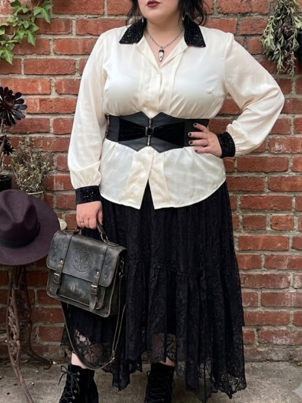 Vintage New Editions Ivory Satin Blouse Black Velvet Star Collar Sz L Witchy